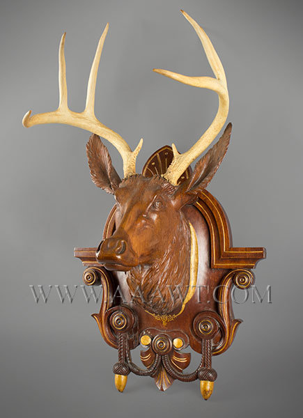 Antique Carved Deer Head on Plaque, Victorian, New York State, right angle view